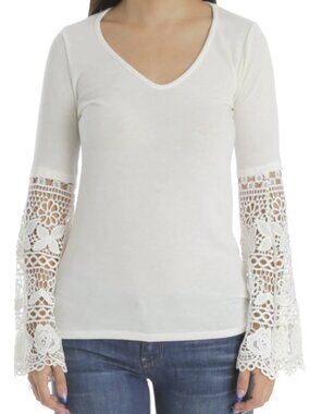 WHBM Coastal White Crochet Bell Sleeve Top